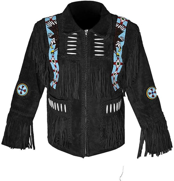 Quality Cowboy Jackets Mens Traditional Cowboy Western Leather Jacket Coat with Fringe Native American Jacket Suede Beaded (L) Black, Large